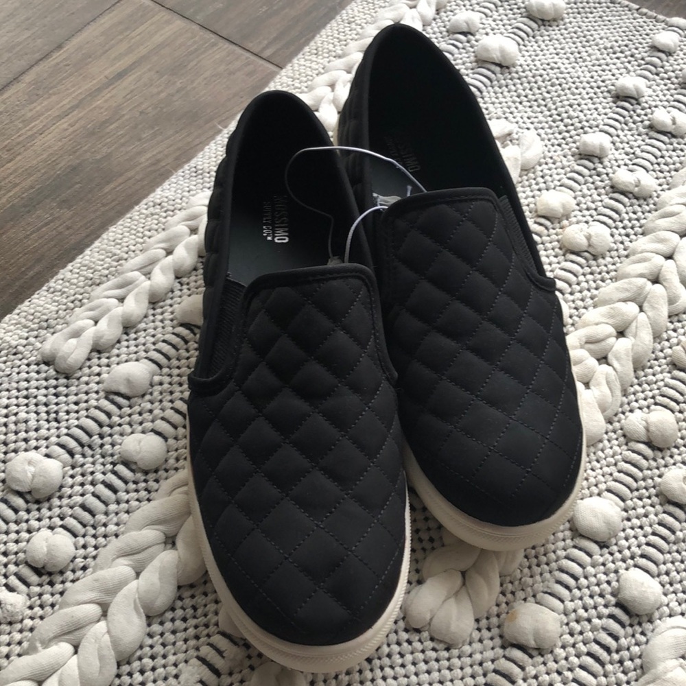 Size 8.5- Black quilted/canvas slip-ons.